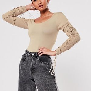 Missguided Sand Ruched Sleeve Bodysuit